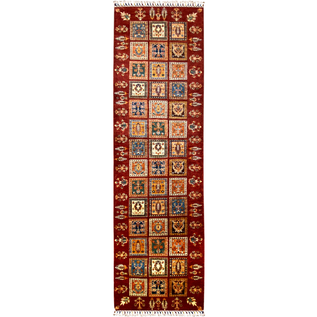 Reddish-brown Khorjin runner with colorful square mosaics and fringes, hand-knotted.