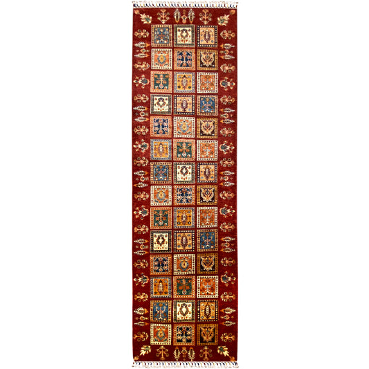 Reddish-brown Khorjin runner with colorful square mosaics and fringes, hand-knotted.