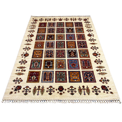 Khorjin rug in a patchwork design with colorful diamonds and a surrounding border.
