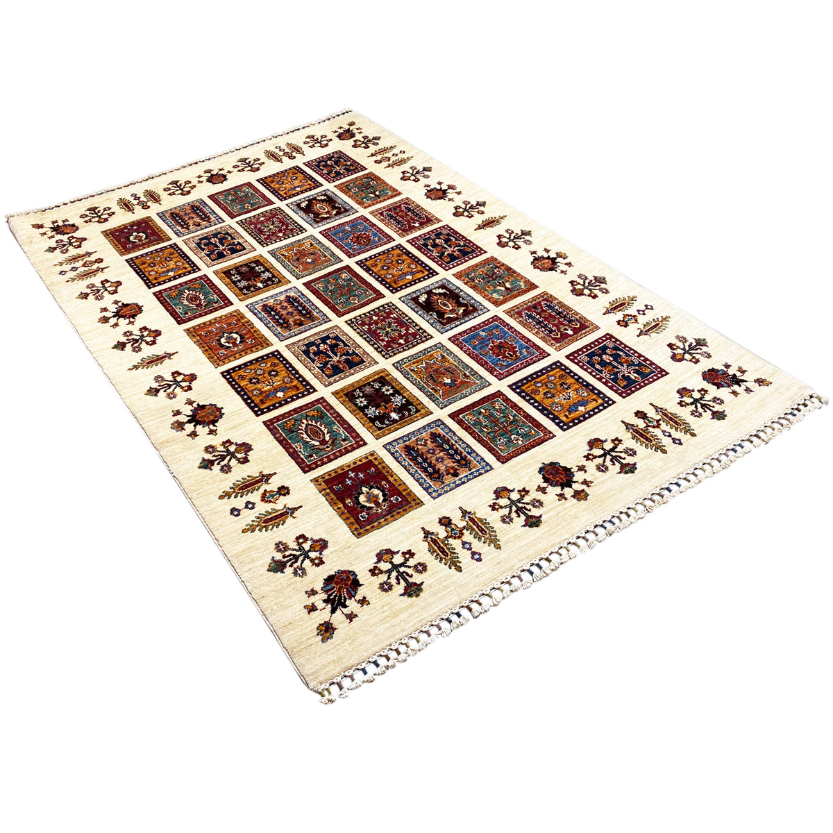 Khorjin carpet, diagonal view: cream-colored background with square ornaments.