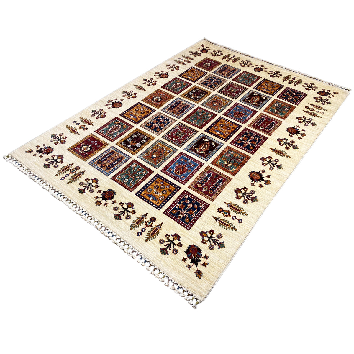 Square Khorjin rug: cream-colored background with multicolored tile motifs.
