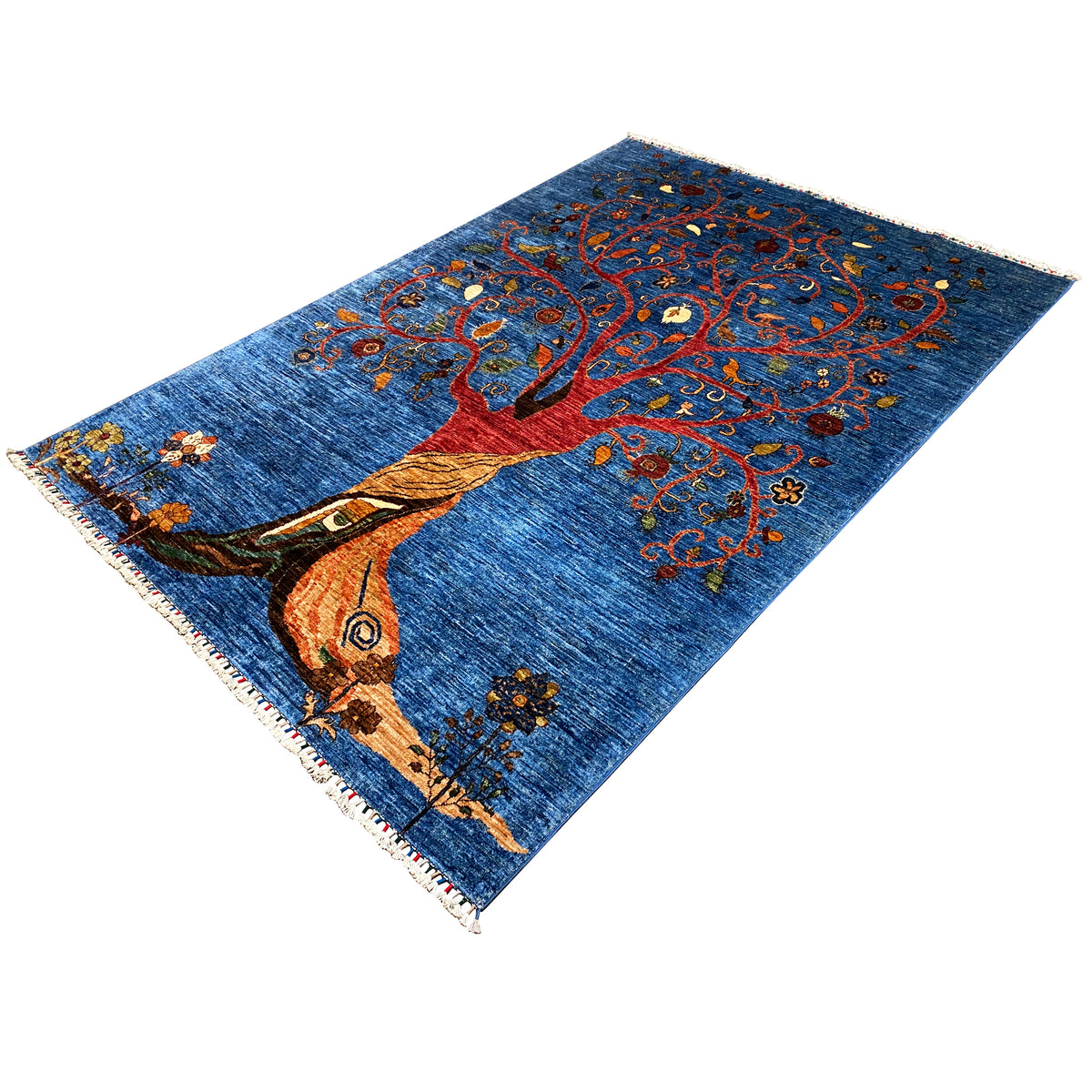 Hand-knotted rug with Tree of Life and seated animal motif, blue with colorful patterns