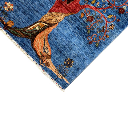 Carpet corner with tree of life and animal motif, blue background, colorful ornaments