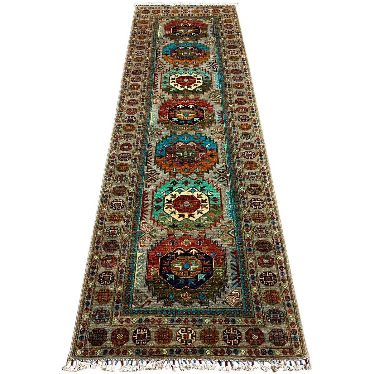 Khorjin runner with central medallions, geometric border, and multicolored fields