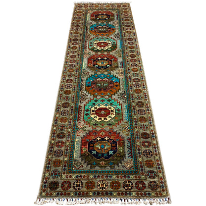 Khorjin runner with central medallions, geometric border, and multicolored fields