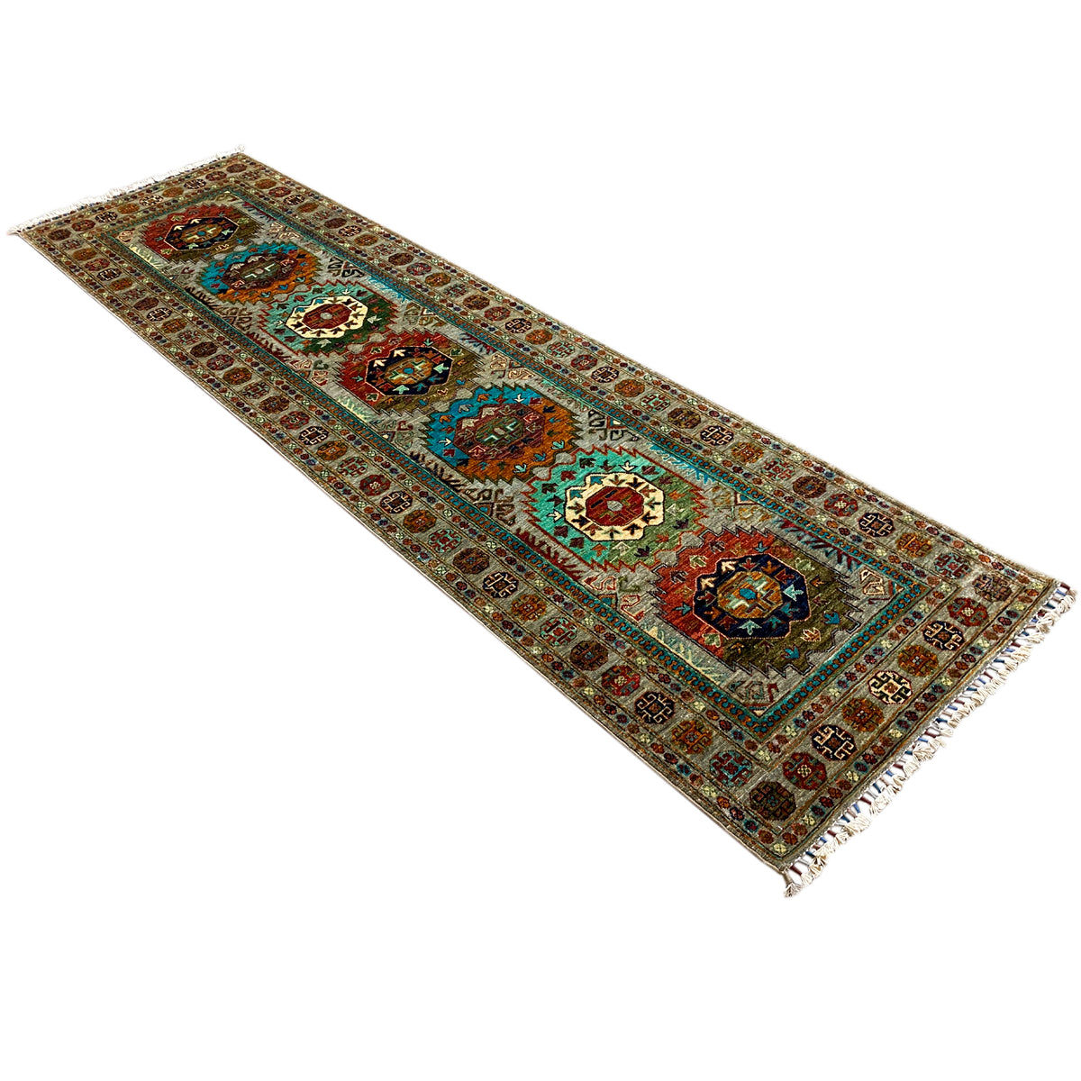 Khorjin runner rug, diagonal, with colorful ornaments, central medallions, and a patterned border