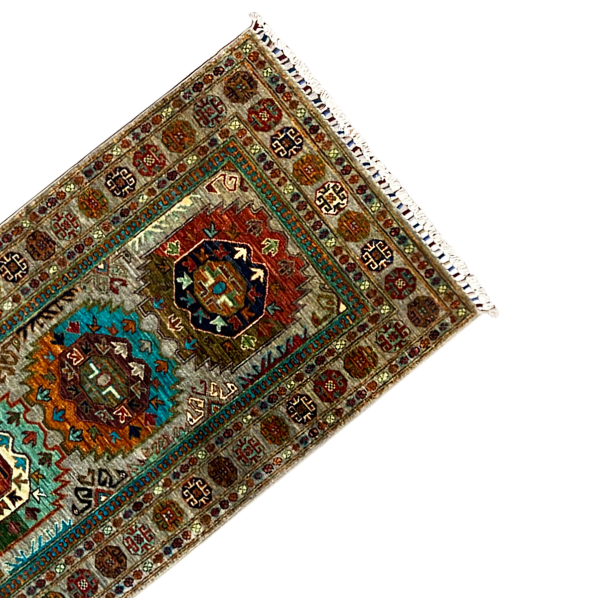 Khorjin runner corner with decorative border, multicolored medallions, and tassels