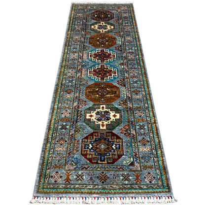 Hand-knotted light blue Khorjin runner with a wide border and multicolored ornaments