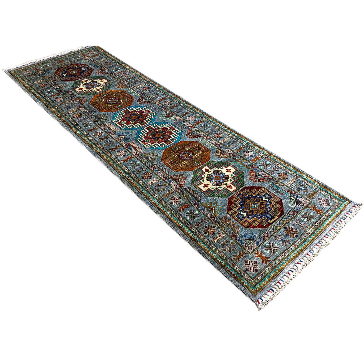 Hand-knotted light blue Khorjin runner with a central medallion and fringes