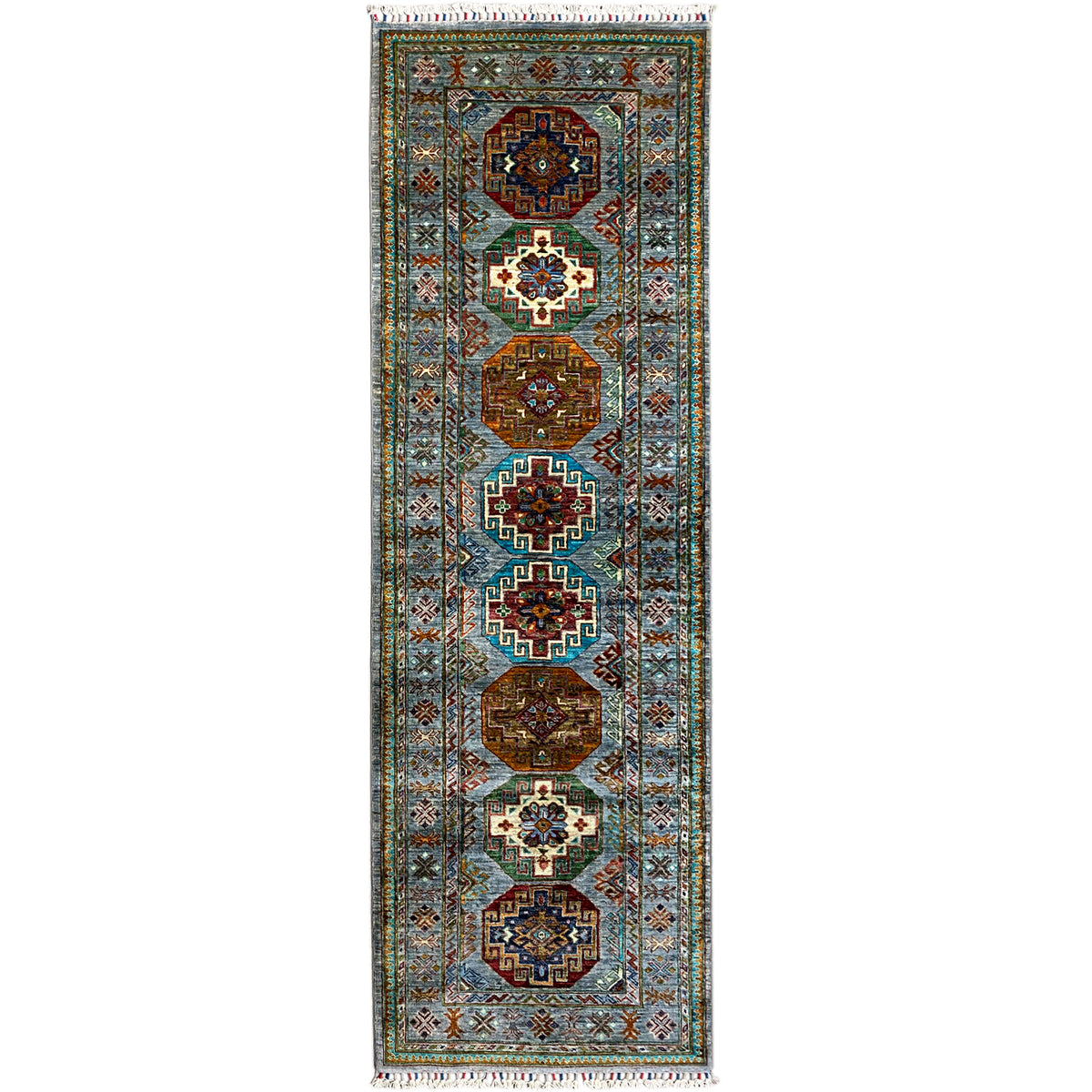 Hand-knotted light blue Khorjin runner with colorful ornaments and fringes