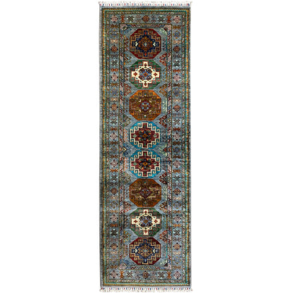 Hand-knotted light blue Khorjin runner with colorful ornaments and fringes