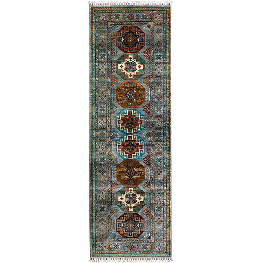 Hand-knotted light blue Khorjin runner with colorful ornaments and fringes