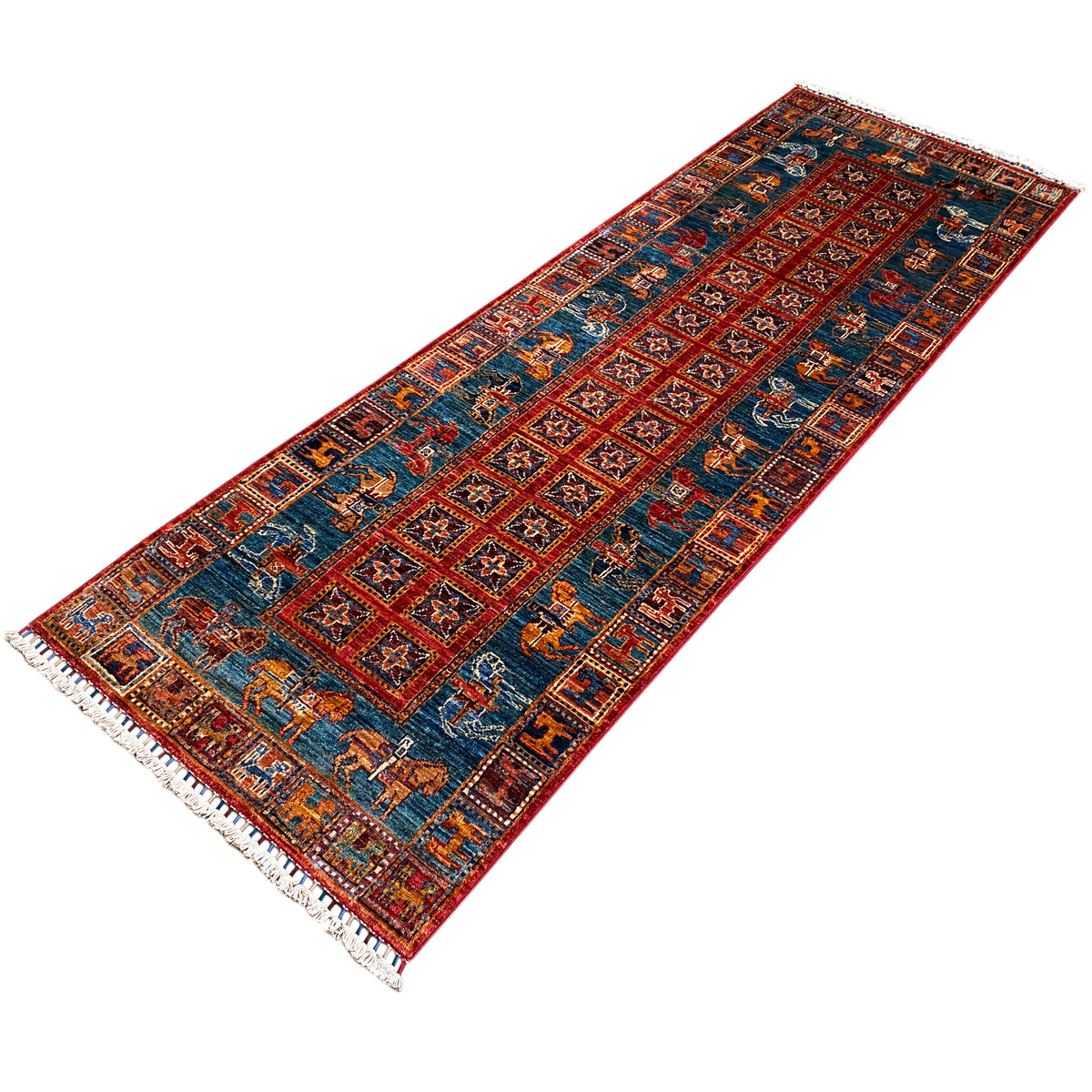 Hand-knotted Khorjin runner with blue-red rows of ornaments and tasseled fringe.