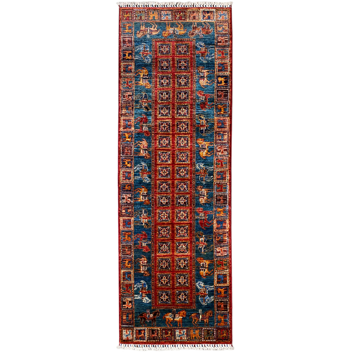 Hand-knotted Khorjin runner with a blue-red pattern and fringes, rectangular.