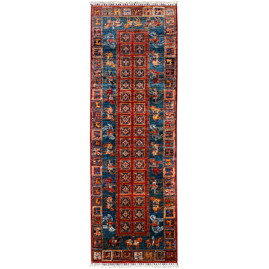 Hand-knotted Khorjin runner with a blue-red pattern and fringes, rectangular.