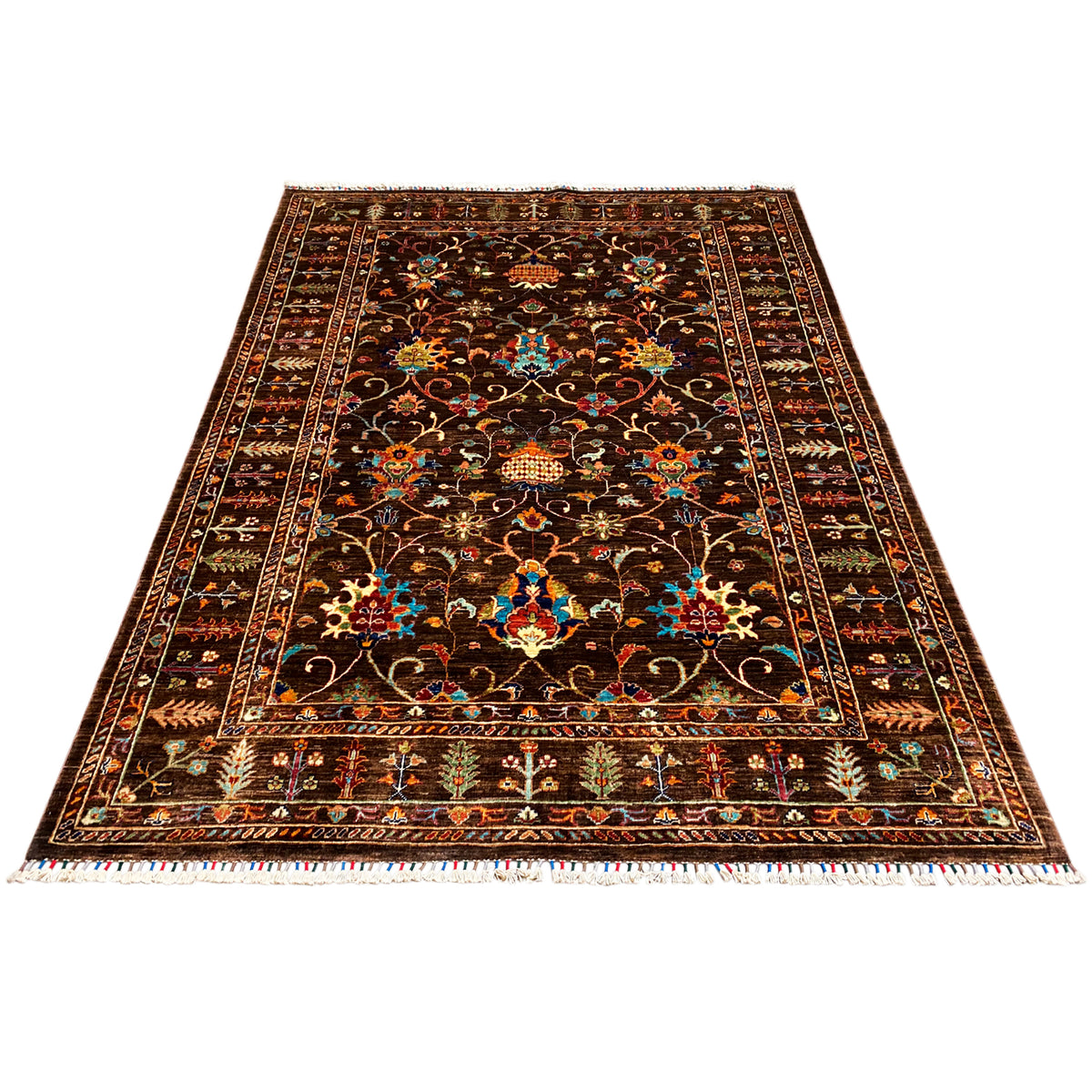 Hand-knotted dark brown Khorjin rug with multicolored ornaments in the border