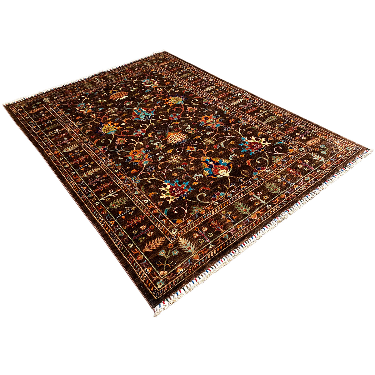 Hand-knotted Khorjin rug, seemingly square view, dark pile with a pattern