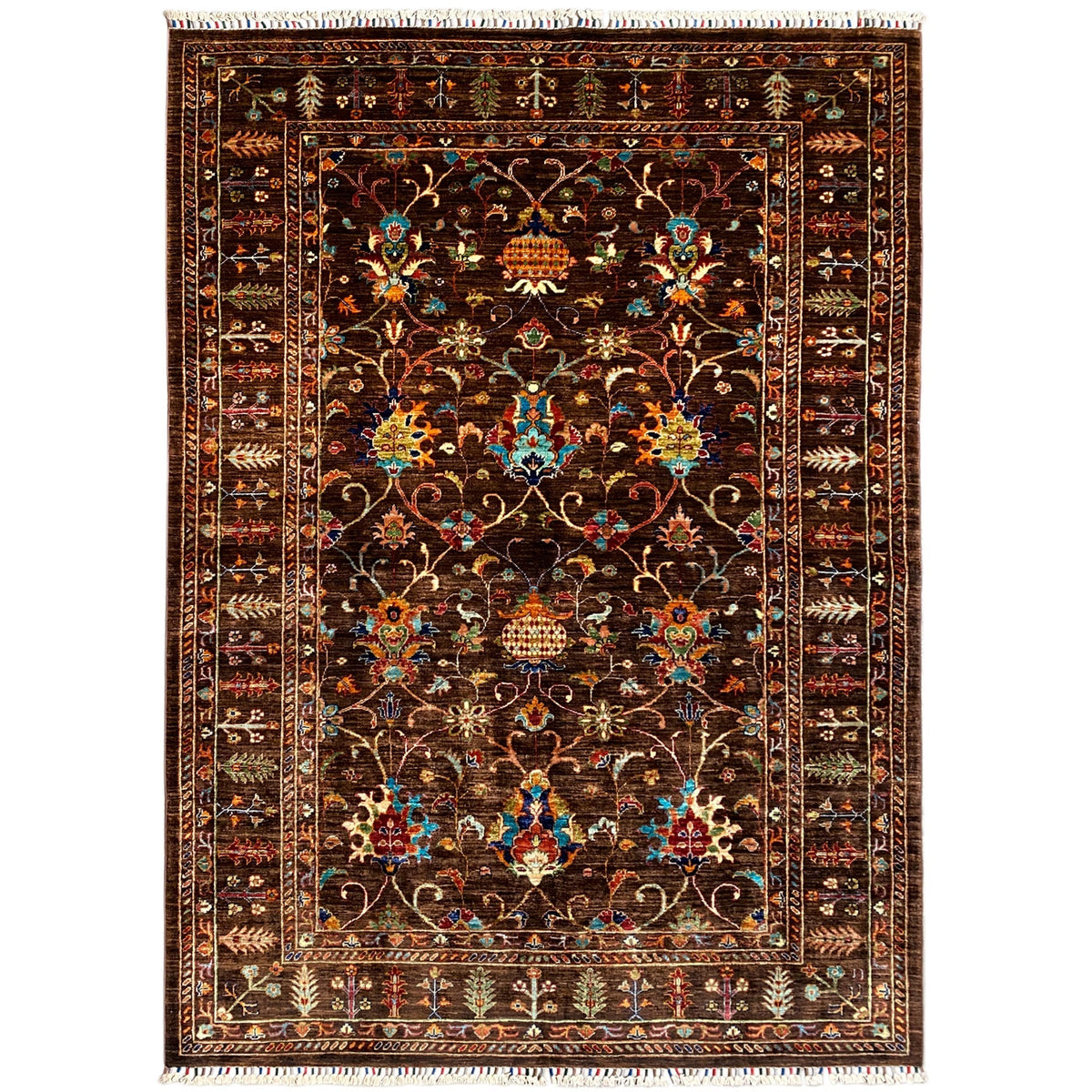 Hand-knotted Khorjin rug with a dark pile and an ornate central medallion