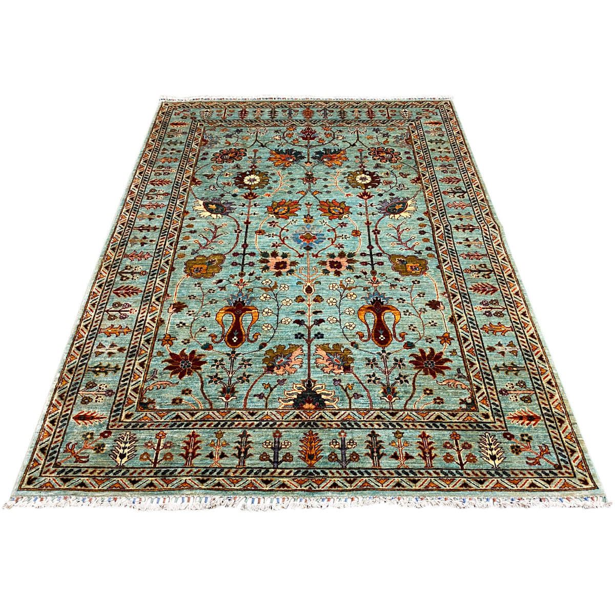 Rectangular turquoise Khorjin rug with an ornamental border and bird/floral motifs