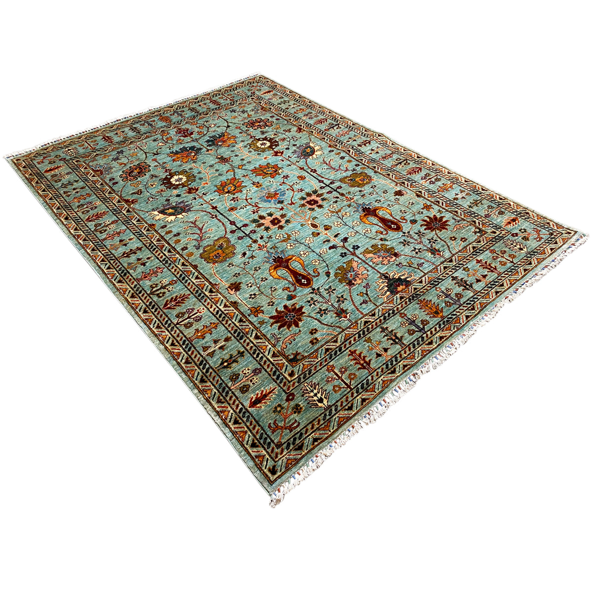 Khorjin rug, turquoise field with central medallions and colorful floral patterns
