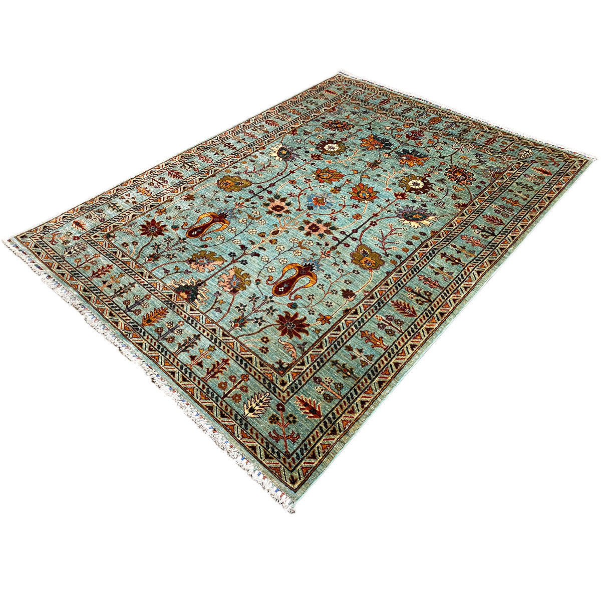 Corner view of a Khorjin rug: turquoise background, decorative border, and floral pattern