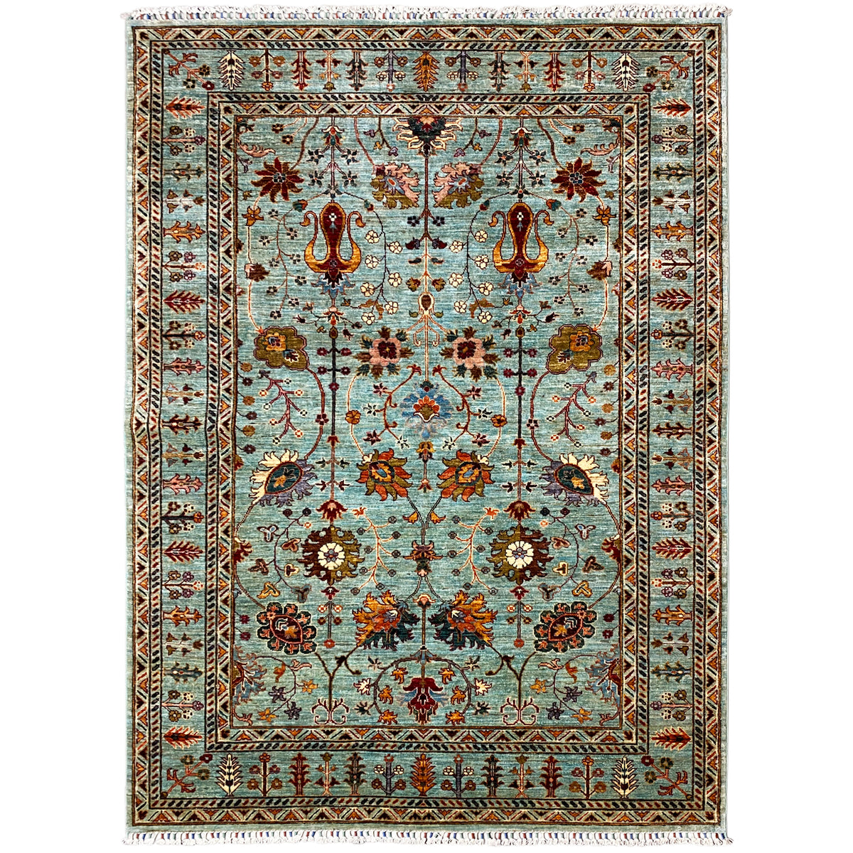 Hand-knotted Khorjin rug with a turquoise background and floral ornaments, rectangular