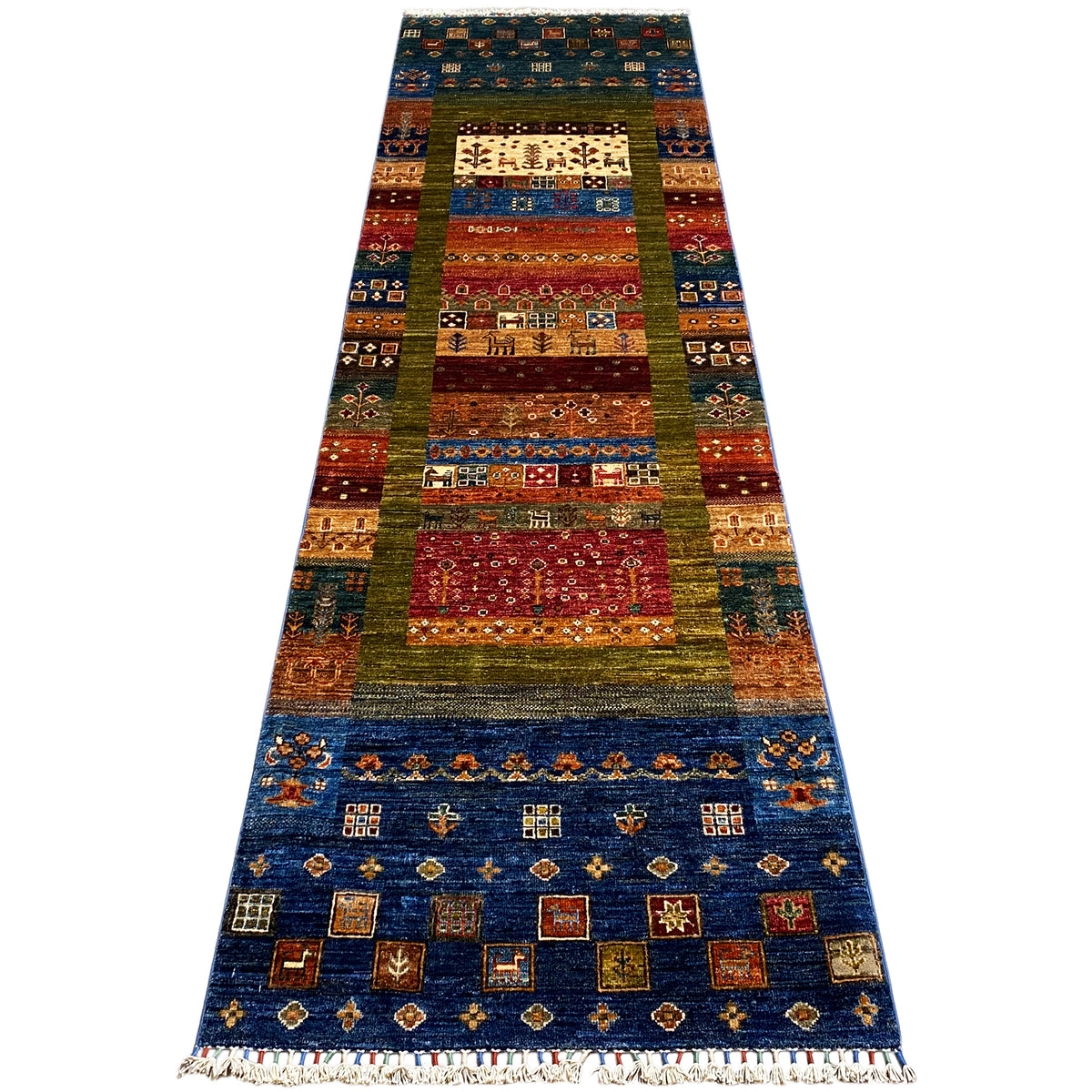 Runner rug with a wide central stripe and delicate pattern, border with colorful motifs
