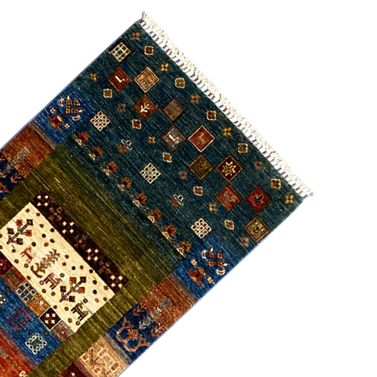 Corner of the runner rug with a decorative border, blue background and brown-green stripes