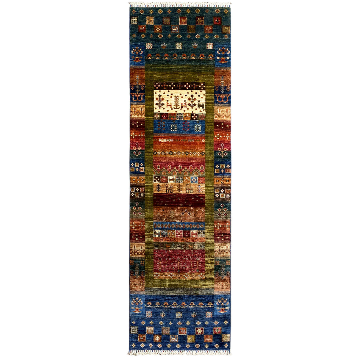 Hand-knotted Khorjin runner rug with geometric patchwork in blue, red, and brown
