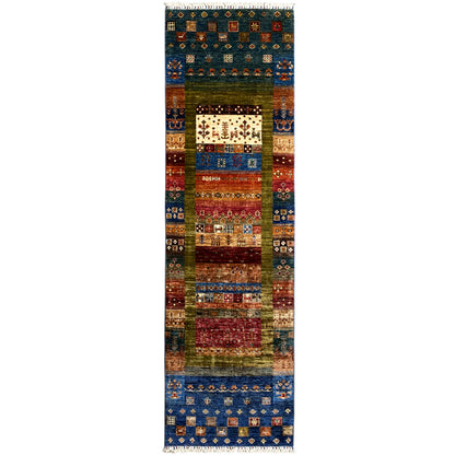 Hand-knotted Khorjin runner rug with geometric patchwork in blue, red, and brown