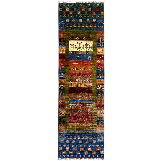 Hand-knotted Khorjin runner rug with geometric patchwork in blue, red, and brown