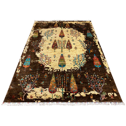 Hand-knotted Khorjin rug, wide rectangular, with tree and bird motif, brown-beige