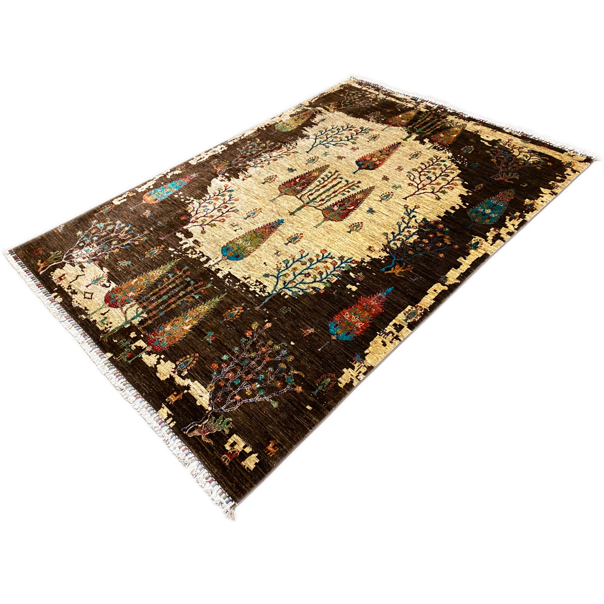 Hand-knotted Khorjin rug viewed at an angle, brown with a beige area and colorful motifs
