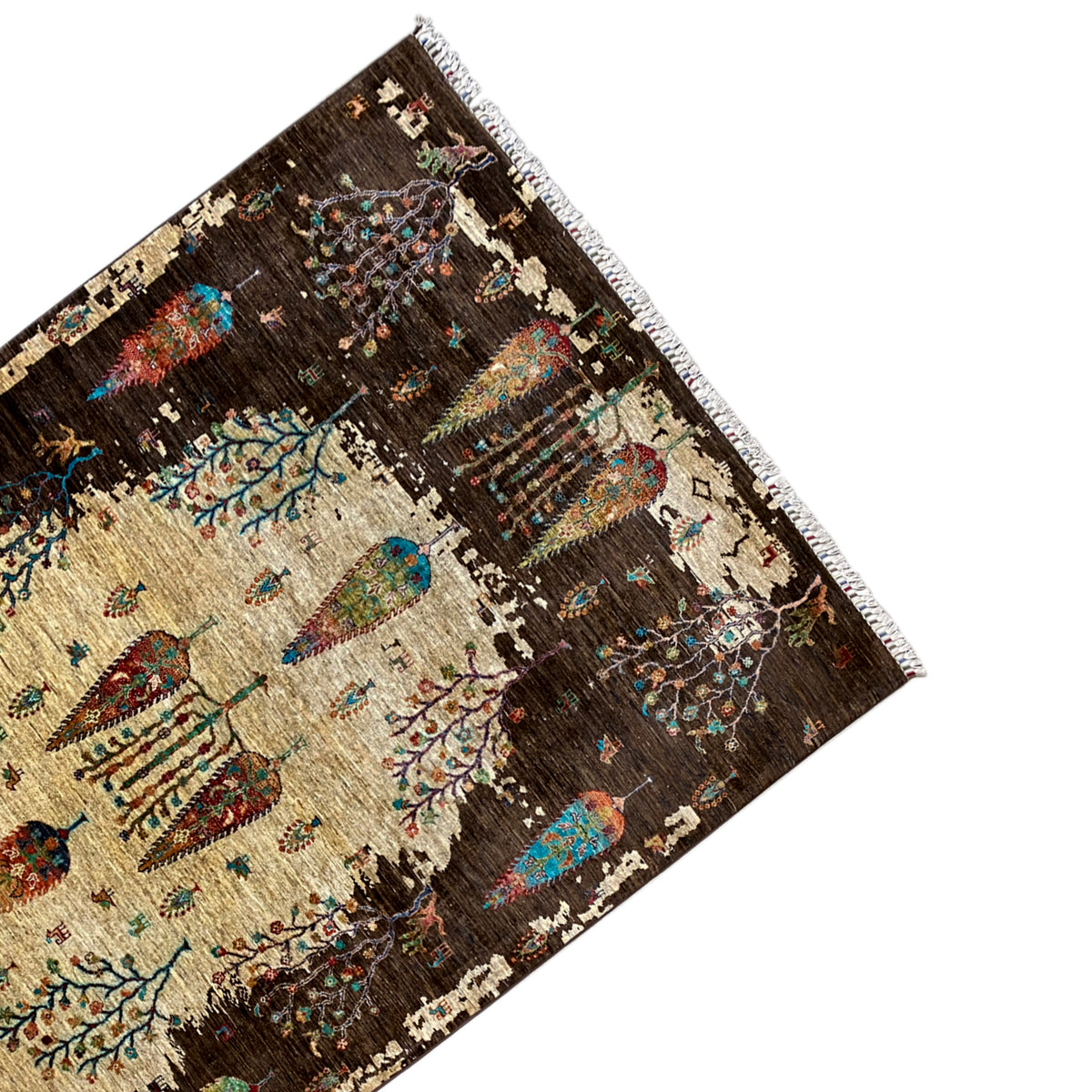 Hand-knotted Khorjin rug corner with fringed trim, brown field with beige motif
