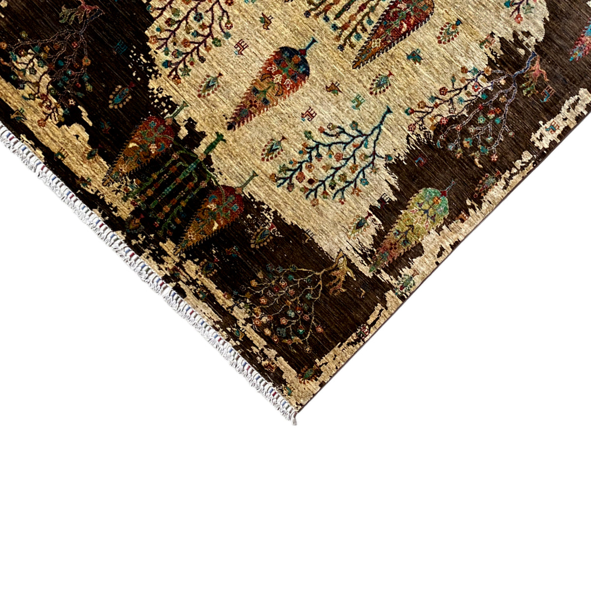 Hand-knotted Khorjin rug, corner detail, brown-beige field with colorful motifs