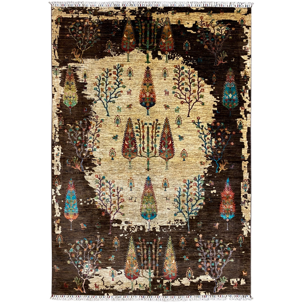 Hand-knotted Khorjin rug with tree and bird motif, brown and beige, with fringes