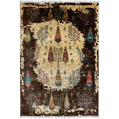 Hand-knotted Khorjin rug with tree and bird motif, brown and beige, with fringes