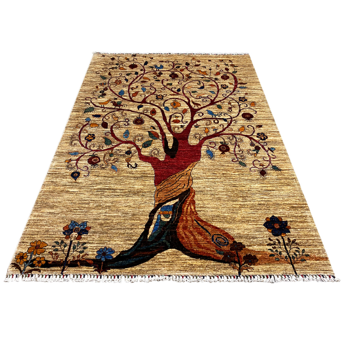 Rectangular hand-knotted rug with tree of life motif in brown, red, and blue