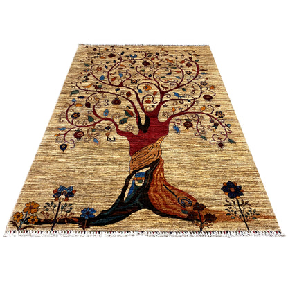 Rectangular hand-knotted rug with tree of life motif in brown, red, and blue