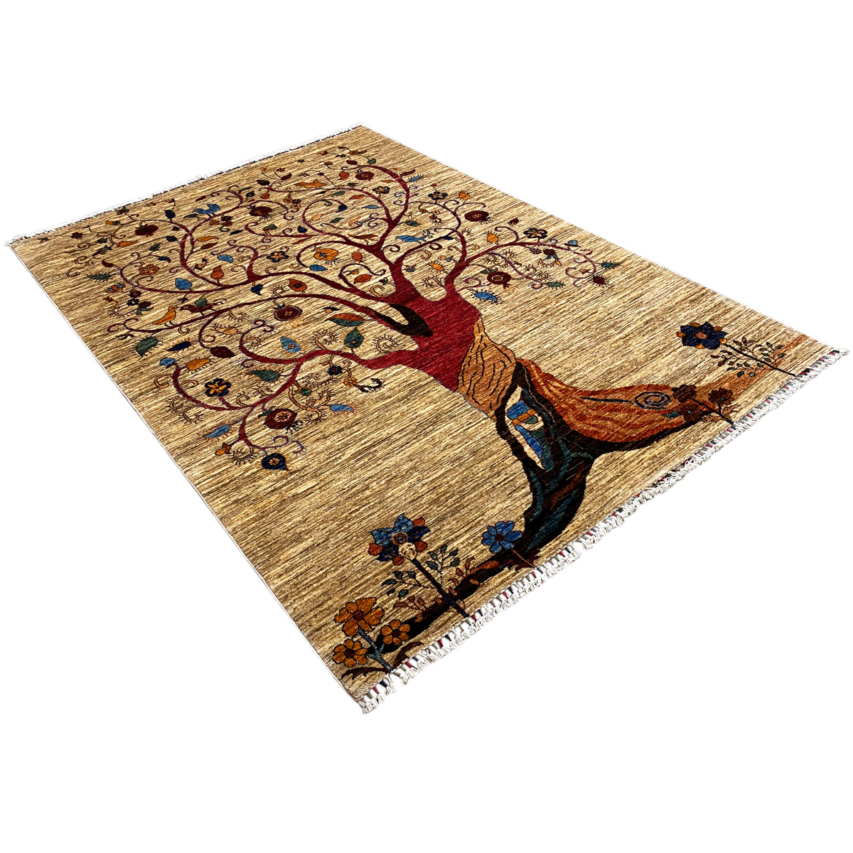 Hand-knotted rug with tree-of-life motif, rotated photo shows the complete design