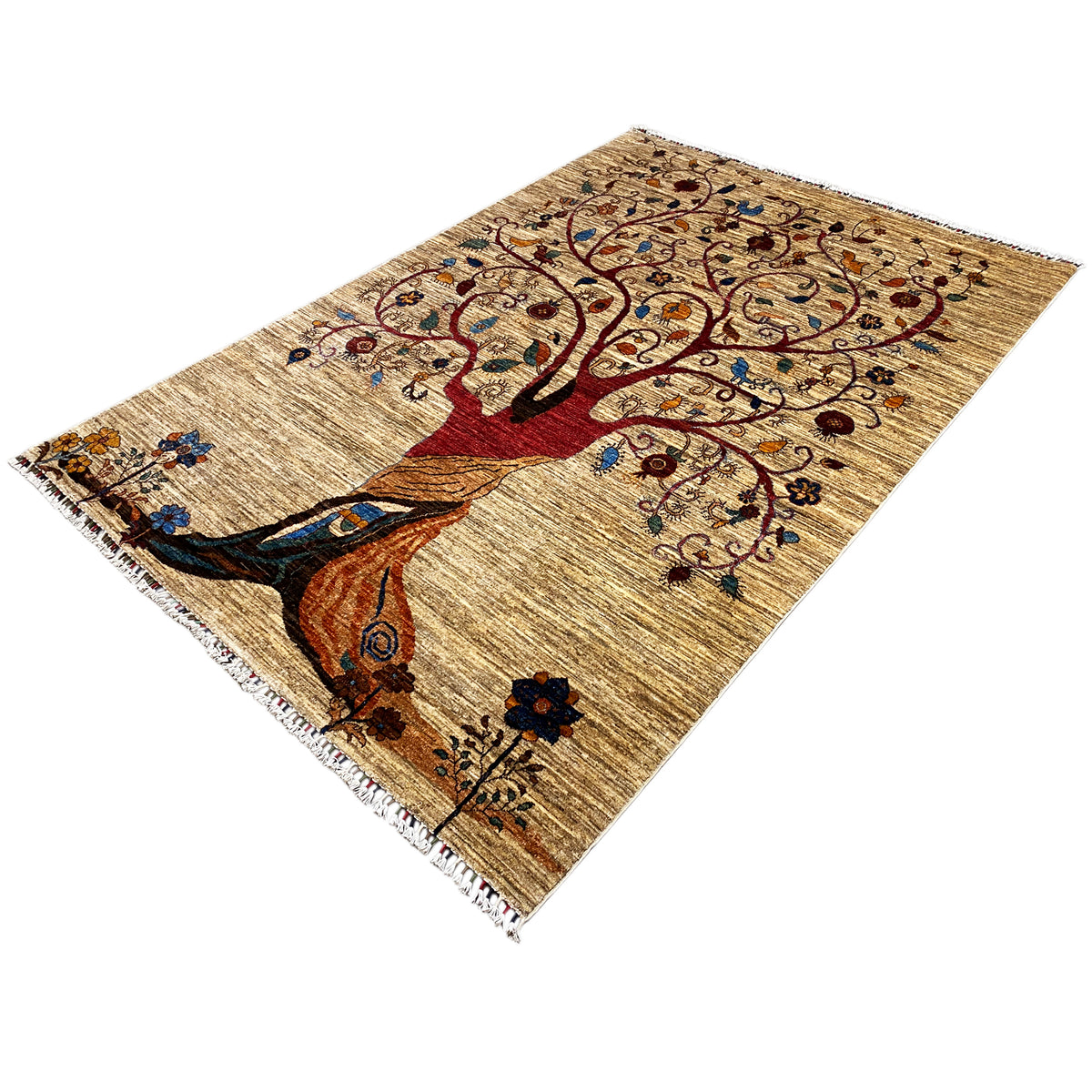 Hand-knotted rug with tree of life and figurative design, natural-colored ground