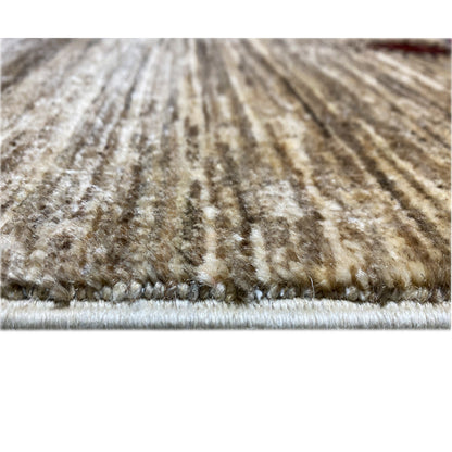 Close-up of the carpet pile with a natural-colored pattern and woven edge