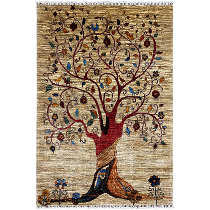 Hand-knotted rug with a tree of life motif and colorful floral patterns, in natural tones