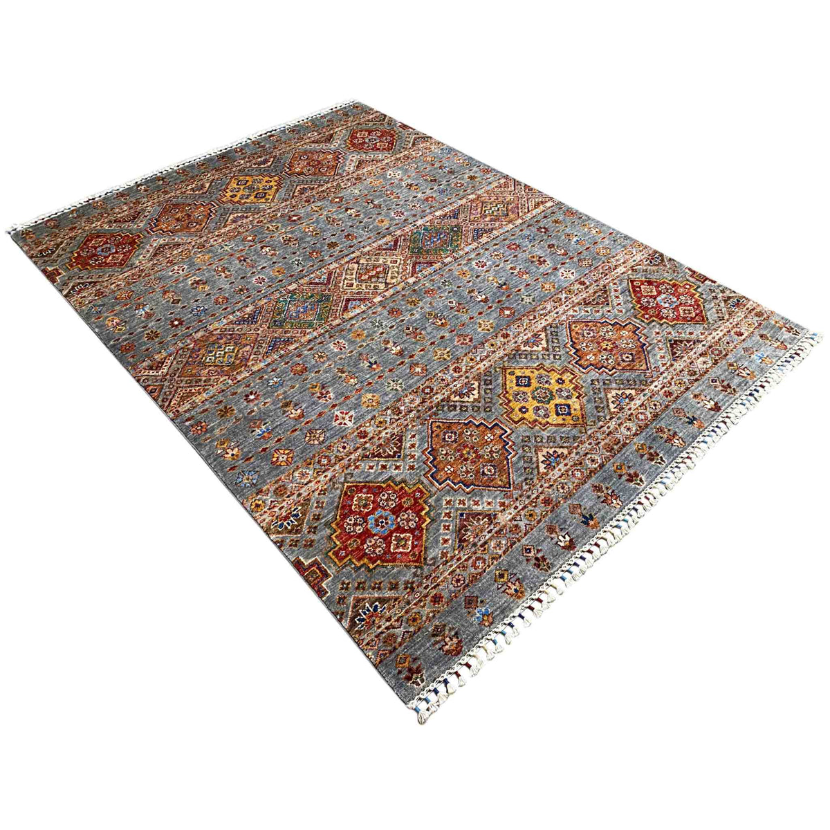 Gray rug with geometric patterns and multicolored diamonds, side fringes