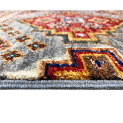 Carpet surface with colorful patterns, dense pile and multicolored yarns, fringed edge