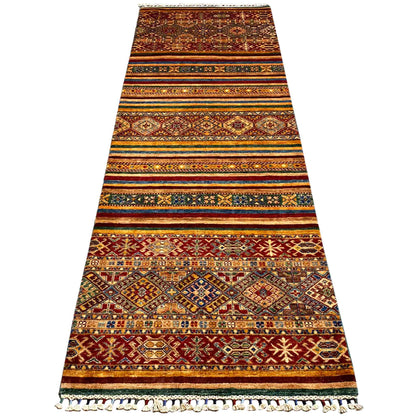 Multicolored runner rug with geometric row patterns and fringes