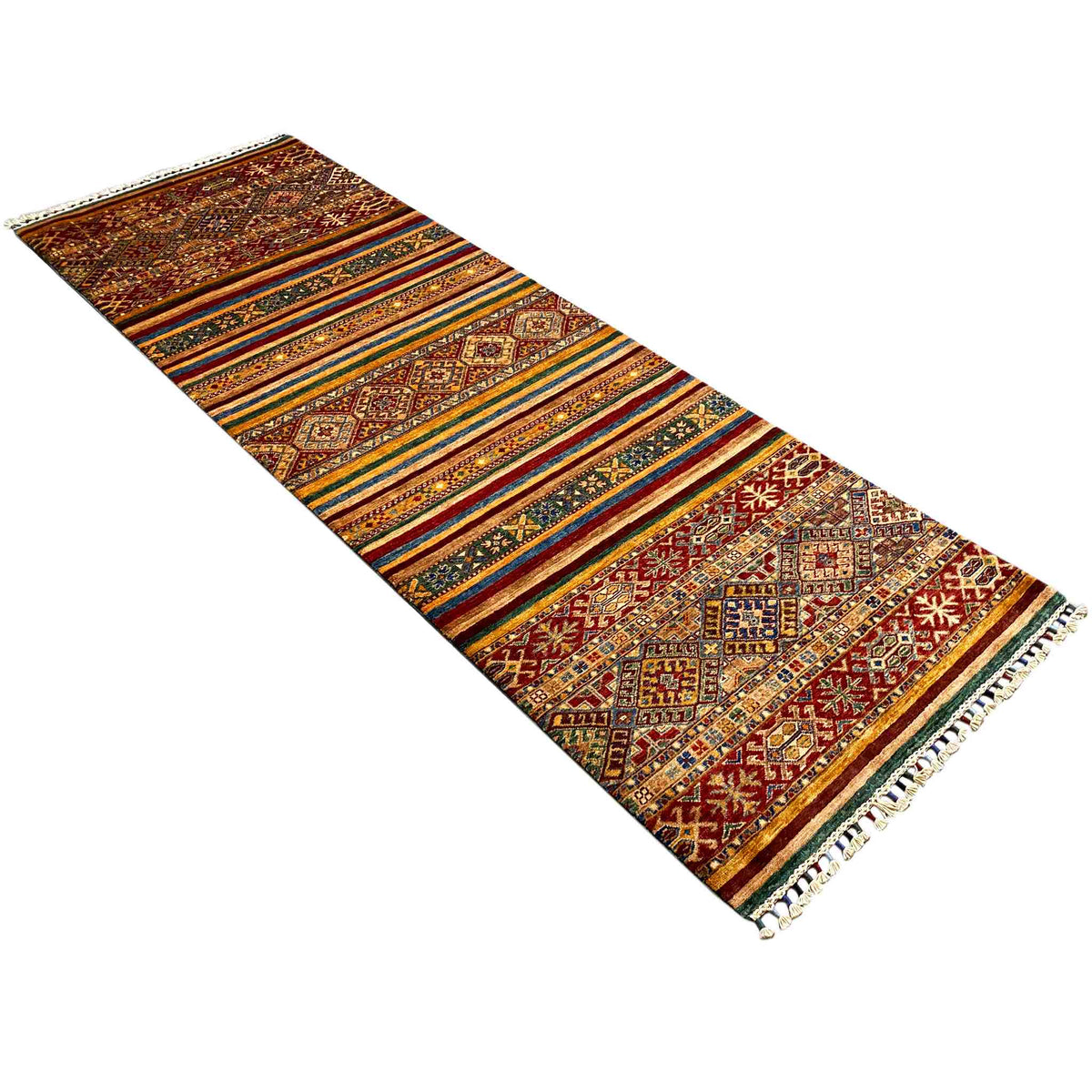 Runner rug lying flat, brown design with stripes, geometric ornaments, and fringes