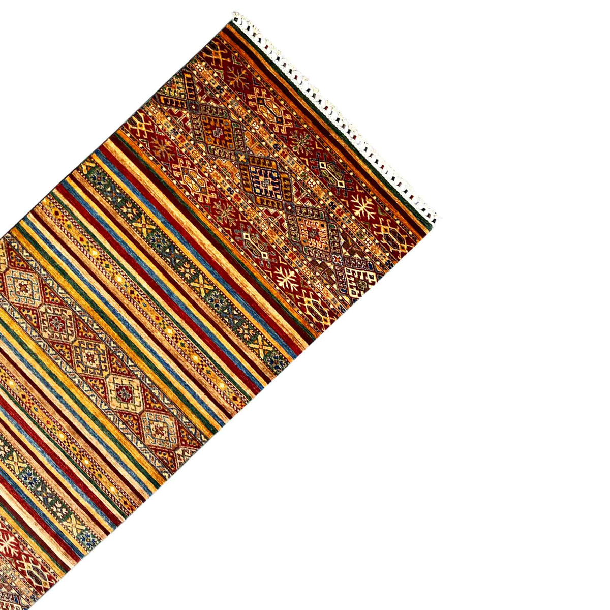 Diagonal runner rug, dark base design with colorful stripes and fringes