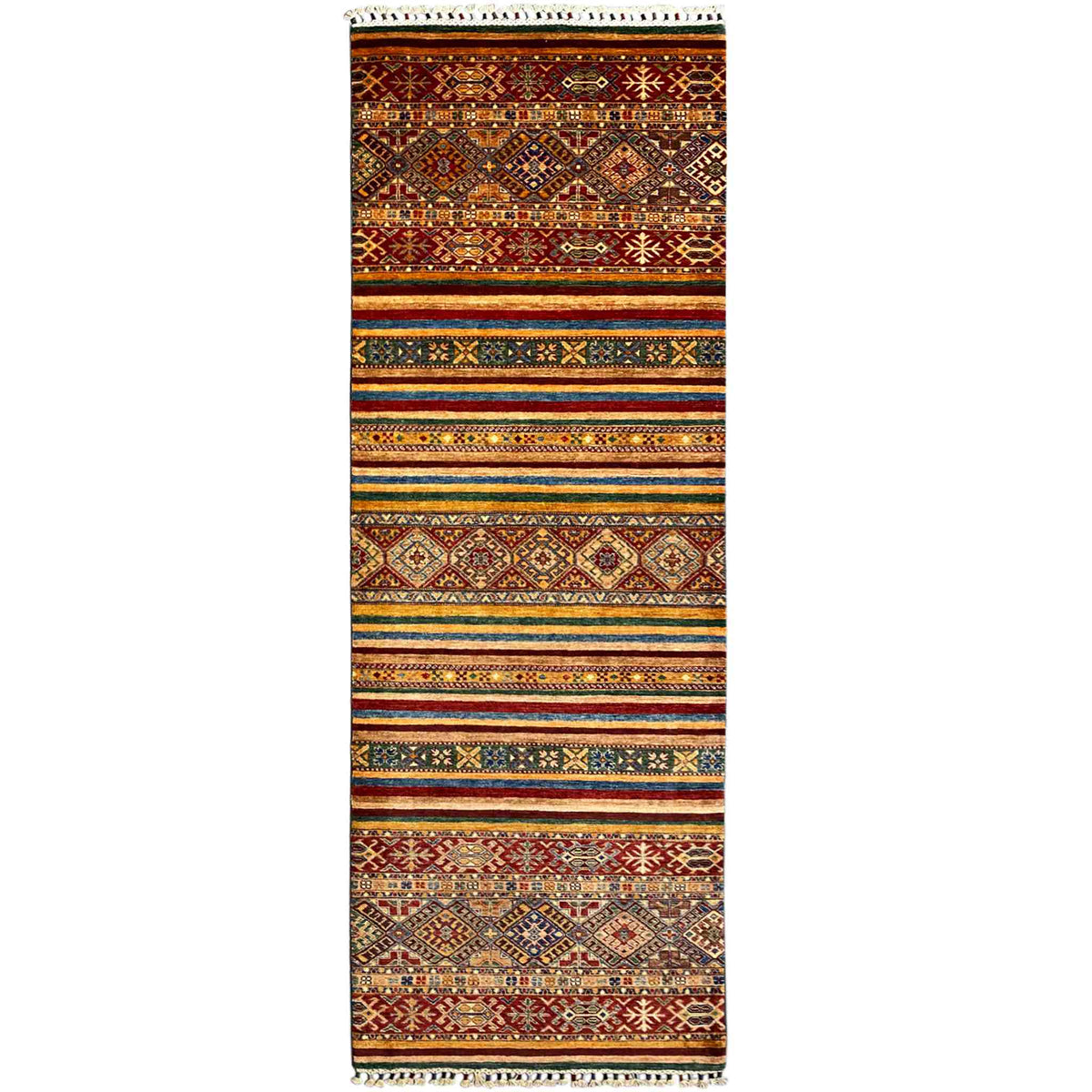Runner rug with a tribal pattern, stripes, and geometric motifs, multicolored