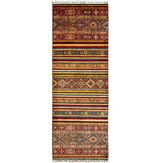 Runner rug with a tribal pattern, stripes, and geometric motifs, multicolored